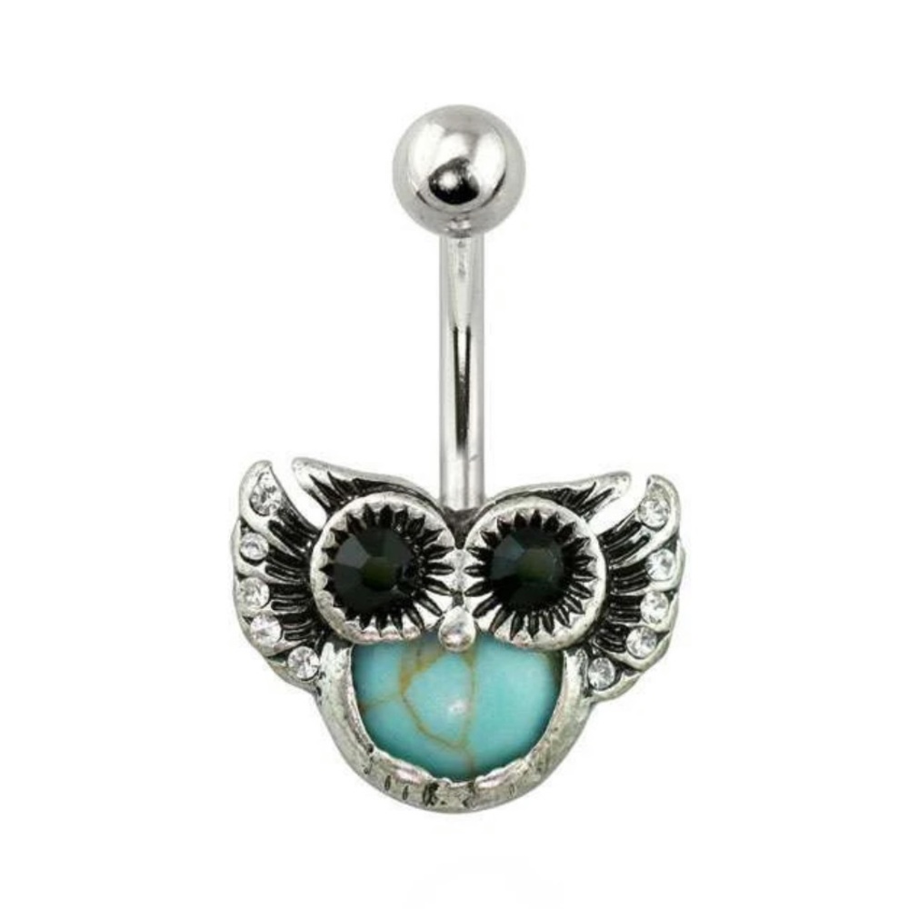 Silver Turquoise Gem Owl belly button ring